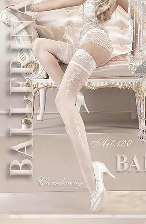 A woman dressed in lacy white lingerie and intricately embroidered Ballerina 120 Hold Up Bianco (White) sits on an elegant, light-colored couch. She is also wearing white high-heeled shoes. The background appears to be part of a classy, well-decorated interior. Text overlays read "Ballerina," "Art.120," and "Chardonnay.