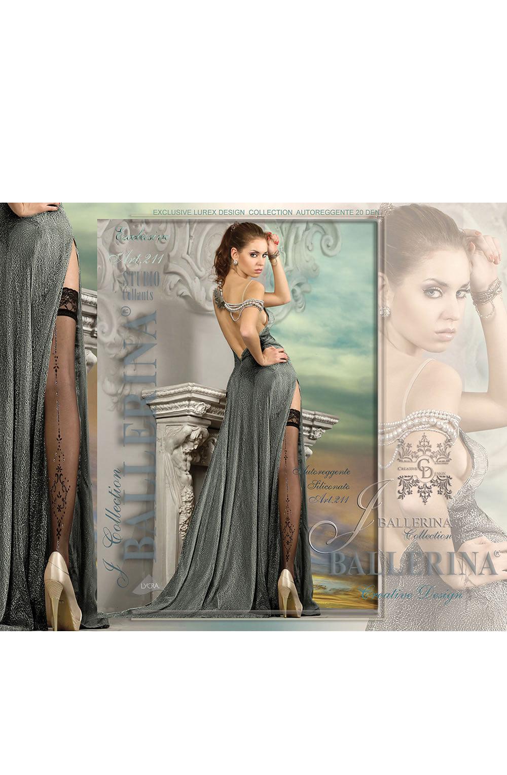 A model wearing an elegant, floor-length gray dress featuring intricate beadwork and high side slits, revealing Ballerina 211 Hold Up Nero (Black) with detailed designs. The background includes a collage of images showcasing the dress from different angles, with text elements overlaid.