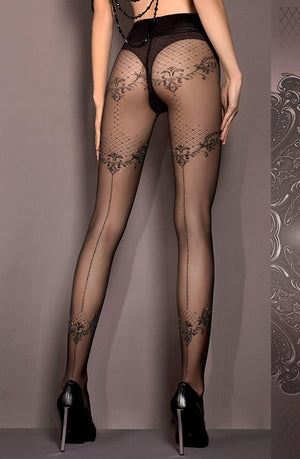 A person wearing Ballerina 413 Tights Nero (Black) from the Ballerina brand, characterized by intricate lace patterns and back seams, paired with black high heels. The image is taken from the back, highlighting the detailed design of the hosiery. The background is a neutral color with subtle decorative accents.