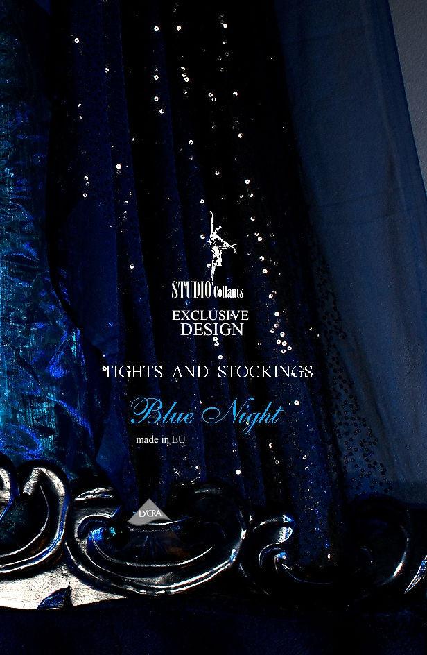 A close-up image of an elegant dress with sequins. The text overlaid on the image reads, "Ballerina 442 Hold Ups Black EXCLUSIVE DESIGN TIGHTS AND STOCKINGS COLLECTION MADE IN EU". The background highlights luxurious dark blue fabric with a metallic sheen.