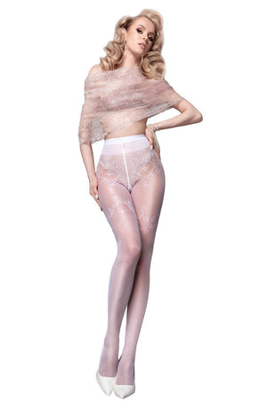 A model stands posing with a hand on her hip, showcasing the Wedding Touch Collection. She is wearing Ballerina 581 White Tights by Ballerina, white high-heeled shoes, and a shimmery, loosely draped wrap covering her upper body. The background is plain white, emphasizing the exquisite patterns of her attire.