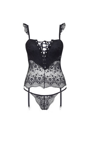 The Beauty Night Bn6682 Alena Corset Black by Beauty Night is showcased on a white background, highlighting its black lace lingerie set. The ensemble features a corset-style top with a lace-up front and delicate shoulder straps, paired with matching lace panties. The intricate design includes floral lace patterns, adjustable suspender belts, and garter attachments.