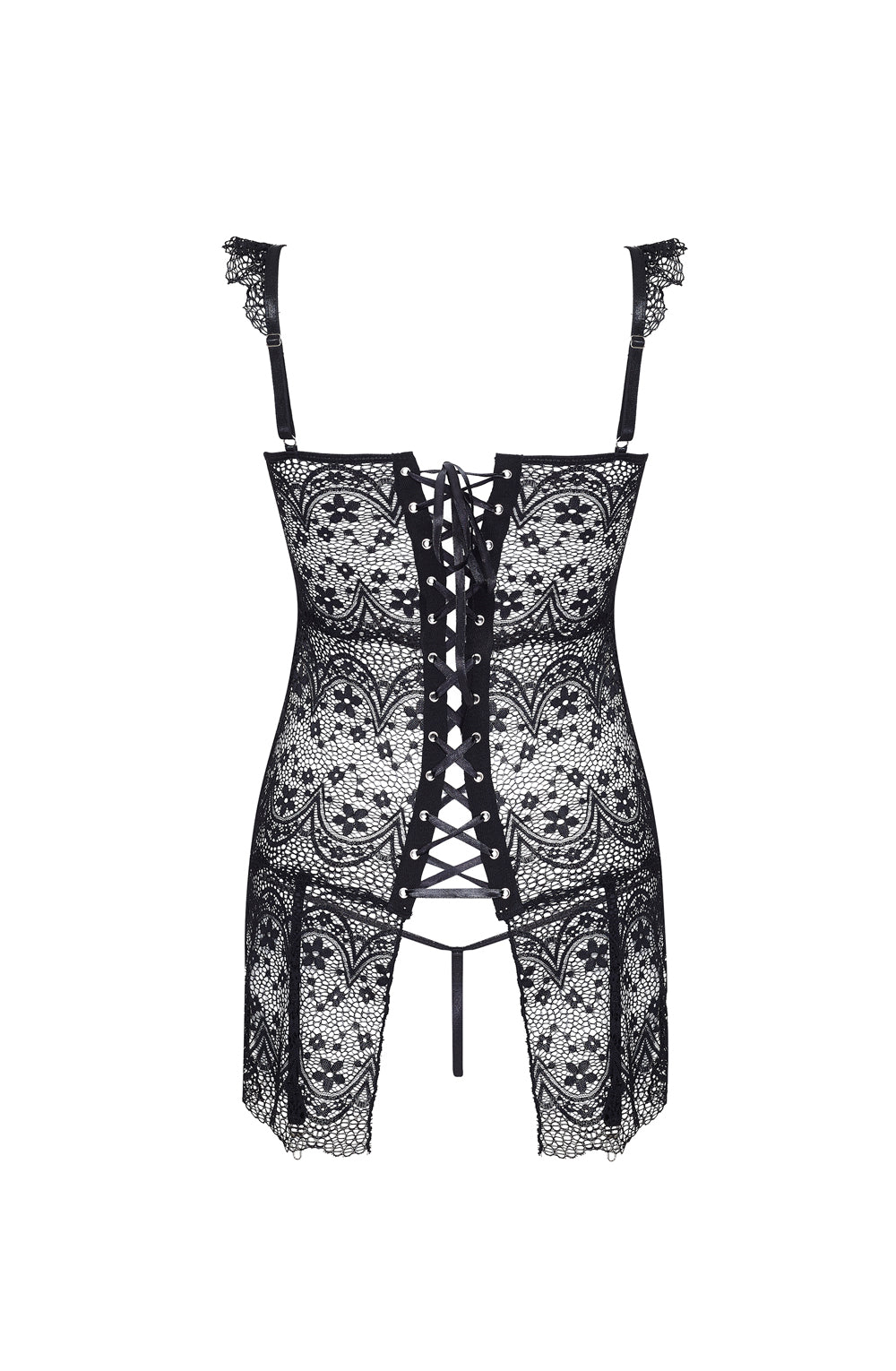 The Beauty Night Bn6682 Alena Corset Black by Beauty Night features an elegant and sensual design with intricate floral lace, adjustable shoulder straps, and a satin ribbon lace-up front. The semi-sheer cups add allure, while the lower part includes adjustable suspender belts for stockings, showcasing detailed lacework throughout.