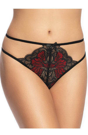 A woman is showcased wearing the Irall Erotic Oriana Babydoll in black. The stylish garment features a double waistband design and intricate floral lace patterns in black and red, adorned with a small, delicate bow at the center. The photo focuses on her midsection, highlighting the sensual allure of this intimate piece from Irall Erotic without revealing her face.