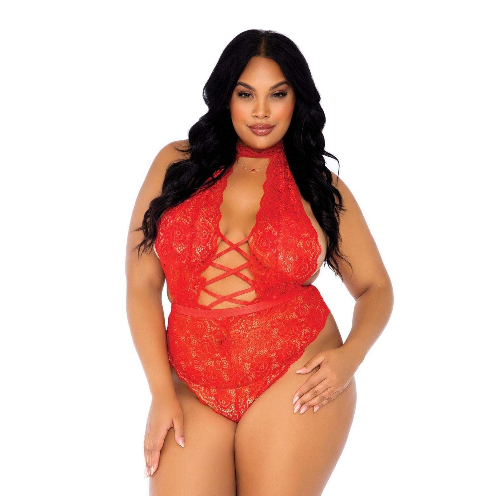 Leg Avenue Floral Lace Crotchless Teddy Red UK 18 to 22-Katys Boutique