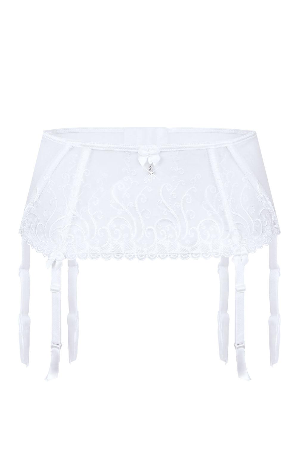 The Roza Anuk Suspender Belt White by Roza is a sophisticated suspender belt featuring intricate floral embroidery and adjustable straps. Highlighted with a satin bow at the center, it connects six ribbon-like straps for attaching to stockings. The design exudes elegance and delicacy, amplified by its breathtaking embroidered details.