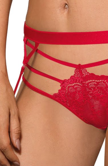 A close-up of a person wearing the Roza Cyria Red Suspender Belt. The intricate lace design, combined with several thin elastic straps, gives the lingerie an elegant and detailed appearance. The person's hand is resting by their side.