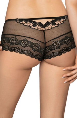 A person is shown from the back wearing the Roza Ellba Black Boxer lingerie. This elegant piece by Roza features an exquisite lace design with a floral pattern and mesh details, together with a delicate finish around the waist and thighs, making it the perfect gift.