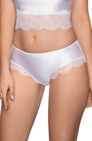 A person wearing the Roza Erii White Brief lingerie set, which includes a crop top with luxurious lace trim around the midsection and coordinating satin panties featuring lace detail around the thighs. The premium stretch fabric ensemble elegantly showcases their upper body and legs.