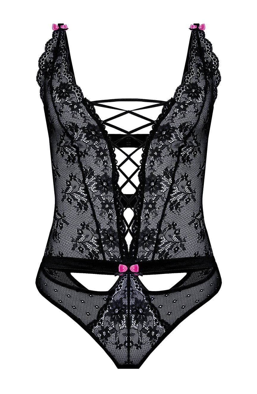 Roza Fifii Black Body by Roza features intricate floral patterns, crisscross lacing on the front, and small satin bow accents on the straps and waistband. This elegant bodysuit boasts a revealing design with sheer mesh, adjustable straps, soft lace fabric, and a plunging neckline.