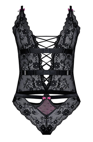 The Roza Fifii Black Body by Roza is a black lace lingerie bodysuit that features intricate floral patterns and crisscrossing straps down the front. The garment includes sheer panels, a deep V-neckline, small pink satin bows, and soft lace fabric for ultimate comfort.