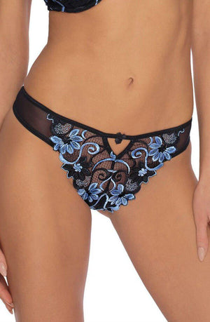 A person is wearing the Roza Florence Blue Thong from Roza, featuring black lace with intricate Florence Blue embroidery. This exclusive lingerie design includes a delicate keyhole cut-out at the front, adding to its elegance. The image highlights the midsection, showcasing the exquisite details of the thong.