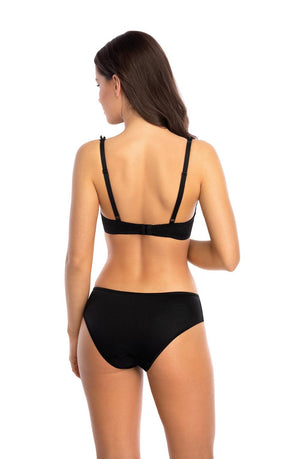 A woman with long brown hair is pictured from the back, wearing the Roza Florence Pink Bra and matching panties. The black bra is adorned with intricate pink embroidery and features subtle push-up pads for enhanced support. She stands against a plain white background, her arms relaxed by her sides.