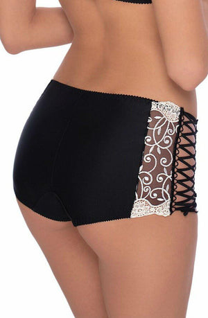 Rear view of a person wearing the Roza Ginewra Short by Roza. The high-waisted shorts feature cream embroidery and crisscross black lacing on the side, revealing a floral lace design underneath. The person's midsection and lower back are visible, perfectly paired with a matching push-up bra.