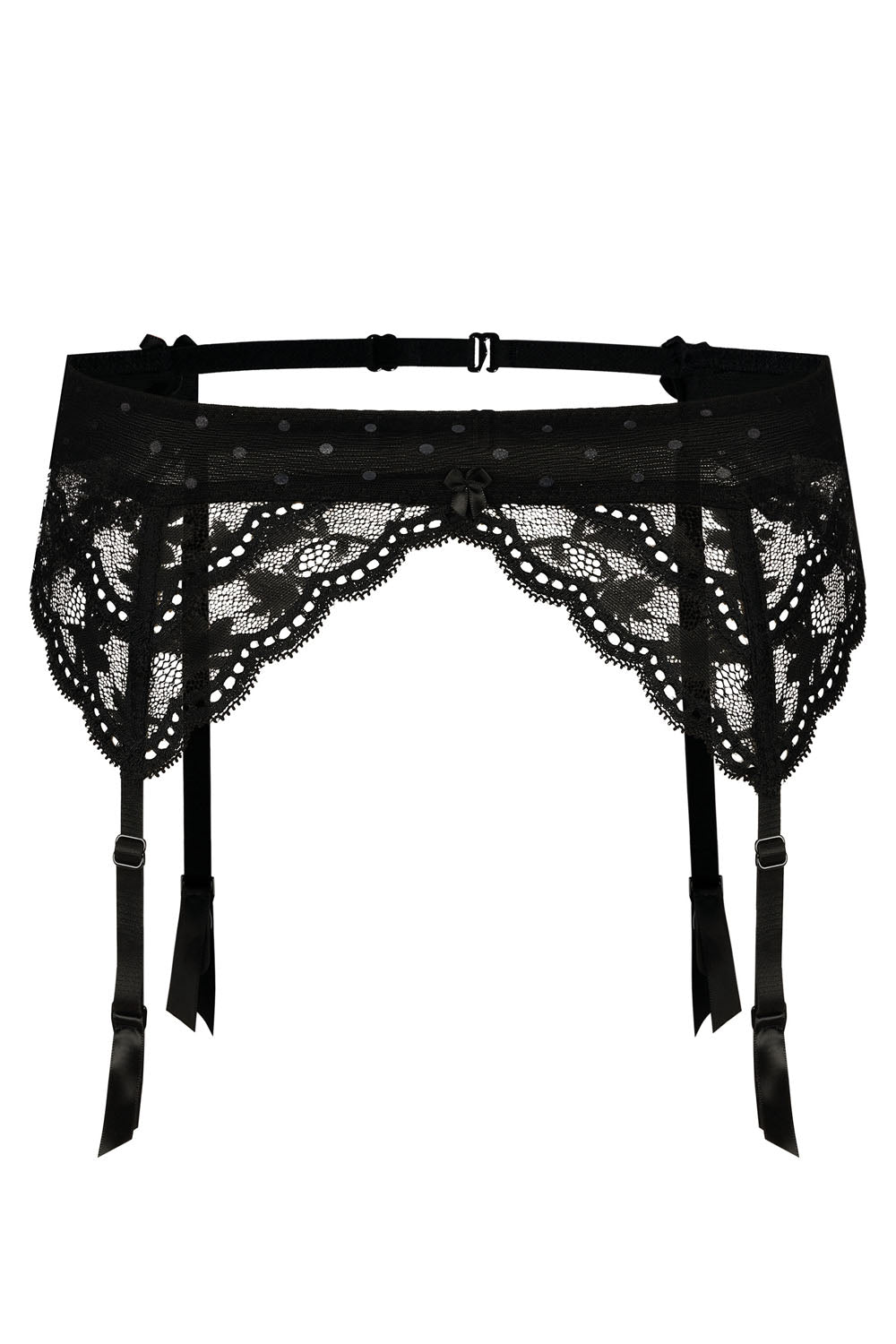 The Roza Lagerta Suspender Belt Black showcases intricate floral patterns and polka dot detailing. It features adjustable straps with metal clasps, satin ribbon accents, and a transparent mesh band. Its elegant and delicate design is intended to be worn around the waist with stockings, making it a stunning piece from the Roza brand.