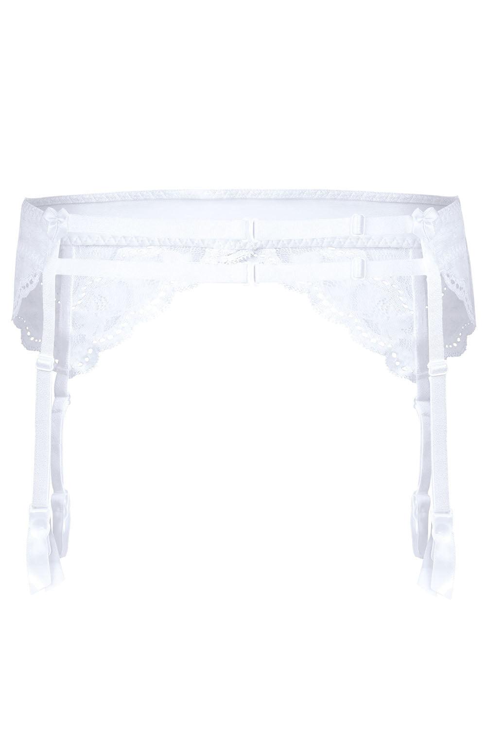 A delicate, white suspender belt from the Roza Lagerta collection with intricate floral detailing. The Roza Lagerta Suspender Belt White features adjustable straps and satin ribbon accents, making it the perfect addition to your lace lingerie ensemble.