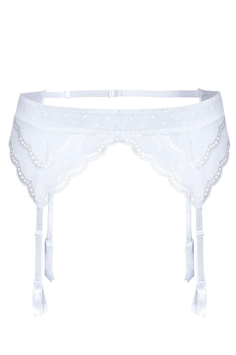 A Roza Lagerta Suspender Belt in white from the Roza collection, featuring scalloped edges and intricate detailing, with adjustable satin straps and ribbon accents.