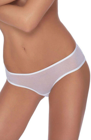 A close-up image of a person wearing the Roza Lica Brief White from Roza, featuring sheer white hipster panties adorned with delicate heart embroidery. The image showcases the lingerie’s fit and style, with the person’s hands resting at their sides and the focus on their lower torso and upper thighs against a white background.