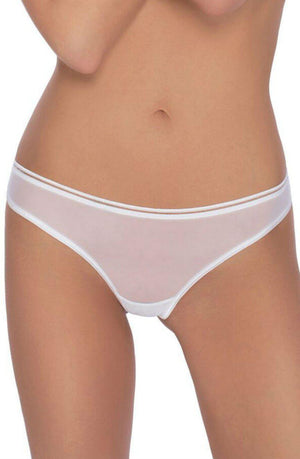 A person is wearing the Roza Lica Thong White by Roza, showcasing sheer white underwear that sits low on the hips. The image highlights their torso and upper thighs. The waistband features an opaque edge while the remaining fabric, adorned with a delicate heart embroidered design, appears translucent. The background remains plain white.