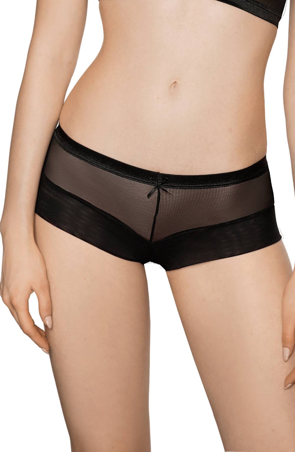 A woman is wearing the Roza Lisbet Black Brief from Roza, featuring mesh boyshort panties with a small bow detail in the front. The image captures her mid-torso down to her upper thighs, highlighting the underwear's design made from soft stretch fabric. Her hands rest casually by her sides.