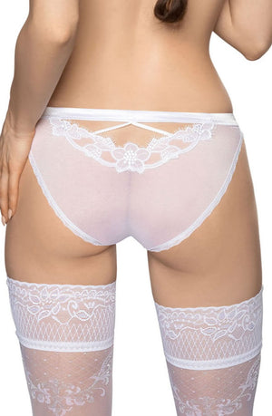 A person is shown from the back wearing Roza's Malani White Brief and sheer thigh-high stockings with a floral lace design. The lingerie, reminiscent of a Roza box, features delicate embroidery and a small bow at the top, with the individual's hair partially visible cascading down their back.