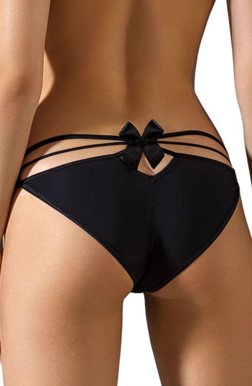 A person is wearing Roza Mimi Brief Black with thin, decorative side straps and a small black bow at the back. The image is centered on the lower back and buttocks, highlighting the distinctive design of these briefs. The background is plain white.