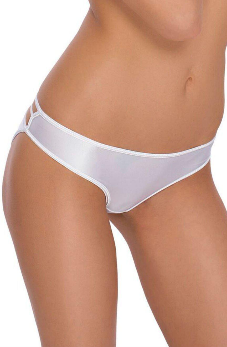 A person is wearing the Roza Mimi Brief White from Roza, featuring shiny white bikini-style underwear with double elasticated straps on the hips. The image captures the lower torso and upper thigh area, emphasizing the fit and design of these elegant briefs.