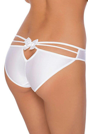 A back view of a person wearing the Roza Mimi Brief in white, featuring cutout details and elasticated double strap accents. This underwear from the Roza collection has a decorative bow at the top center of the back, with the person's skin tone visible.