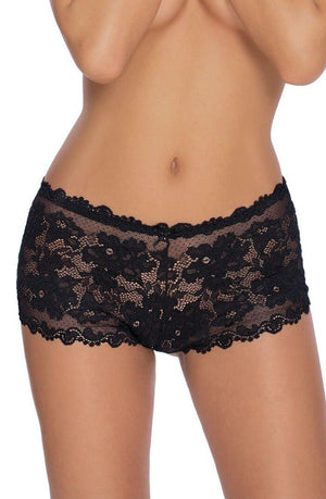 A person is shown from the mid-torso to the upper thigh, wearing elegant Roza Olympia Black boyshorts. The lace design features a floral pattern with scalloped edges along the waistline and leg openings. The background is plain and unobtrusive.