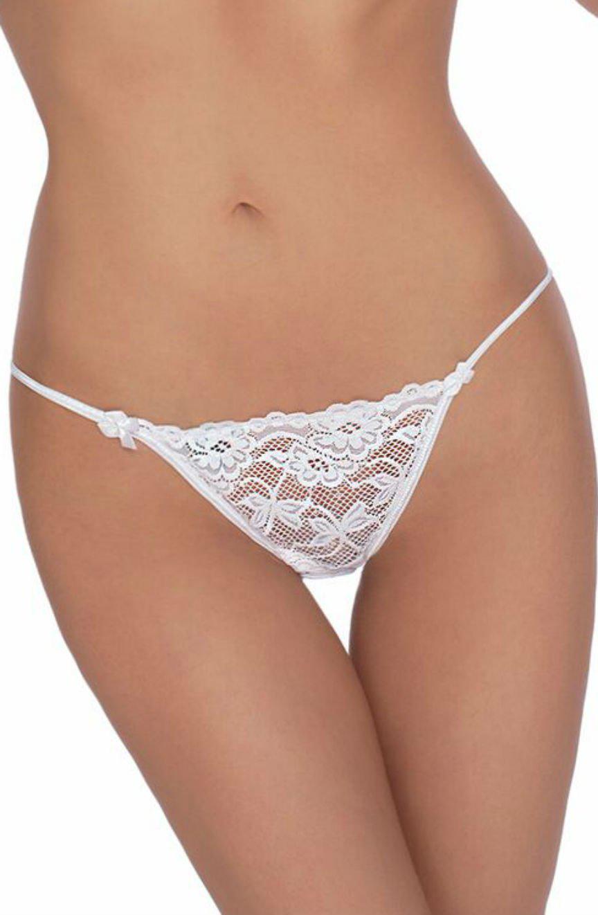 A close-up image showcases a person's midsection adorned with the elegant Roza Sarina White panties by Roza. The design boasts a delicate floral pattern and thin straps, each accented with small, charming bows that exude luxury. The plain white background highlights the exquisite style and comfort of these beautiful briefs.