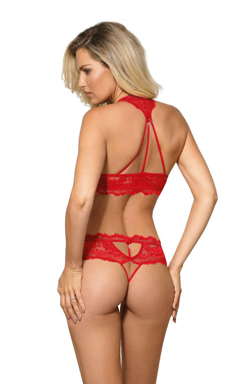 A woman with blonde hair is seen from the back, wearing a Roza Sefia Push Up Bra Red by Roza. The lingerie includes a halter neck design bralette with a lace underband and matching panties featuring straps forming a cutout design at the lower back. The background is plain white.