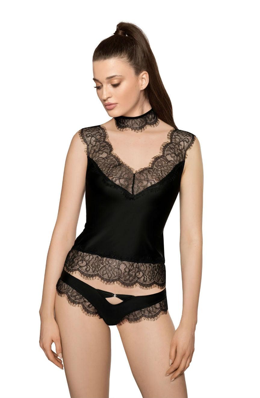 A woman in luxurious Roza lingerie stands against a plain white background. She wears the Roza Sija Black Briefs adorned with eyelash lace, paired with a sleeveless black lace-trimmed top. Her hair is styled in a high ponytail, and she looks downwards with her arms relaxed by her sides.