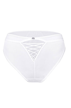 Front view of the sophisticated Roza Tarra White high-waisted mesh panty, featuring a diamond-shaped lattice pattern on the front, adorned with delicate lace trim and a small decorative jewel at the waistband. A satin ribbon highlights a discreet V-shaped cut-out design for added elegance.