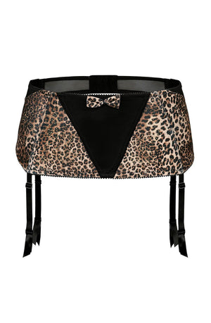 The Roza Zoje Suspender Belt Black by Roza showcases leopard print detailing with black triangular panels and a small leopard-print bow at the center. It features adjustable suspender straps, black satin ribbon accents, and is designed to be worn around the waist and attached to stockings.