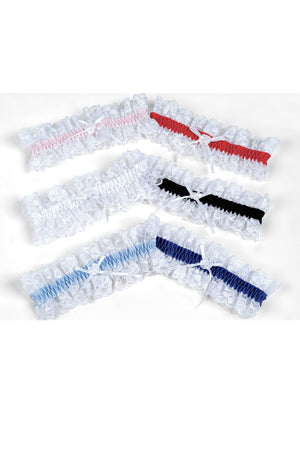 Image of four elegant leg garters featuring different colored elastic bands. The top one has a light pink band, the second has a red band, the third has a black band, and the fourth, named "Shirley Of Hollywood 19 Light Blue Garter" by Shirley of Hollywood, has a light blue band. Each bridal accessory is adorned with white lace trim and a delicate ribbon bow.