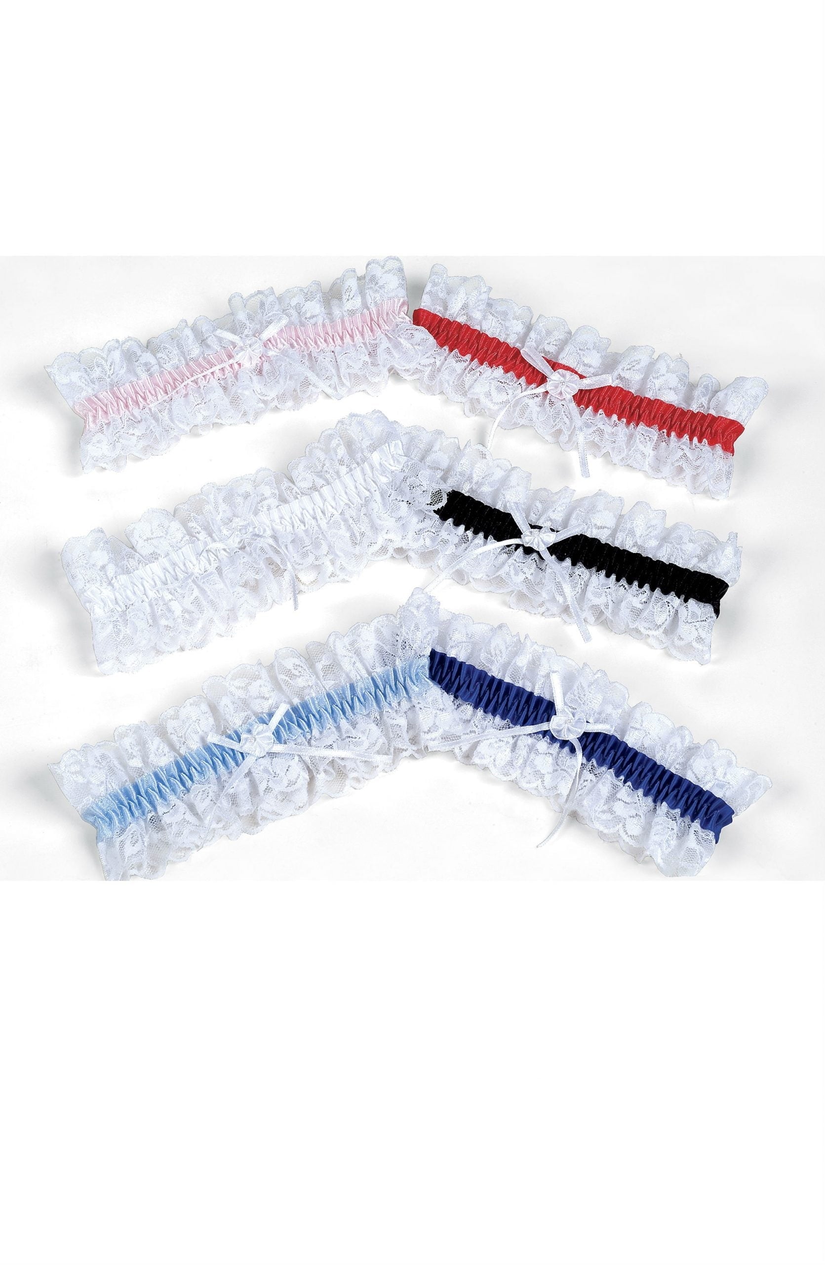 The Shirley of Hollywood garters are presented in a set of five, each featuring a unique band color: pale pink, red, black, light blue, and navy blue. Named the Shirley Of Hollywood 19 Red Garter by the brand Shirley of Hollywood, these delicate pieces are adorned with a small white bow in the center and detailed white lace trimming along the edges.