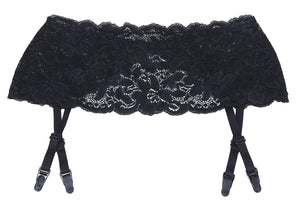 The Shirley Of Hollywood 20146 Suspender Belt Black, by Shirley of Hollywood, is a gorgeous addition to any lingerie collection with its intricate floral lace pattern. The belt boasts four adjustable garters with metal clips for attaching to stockings, and the upper edge features a charming scalloped trim that enhances its decorative appeal.