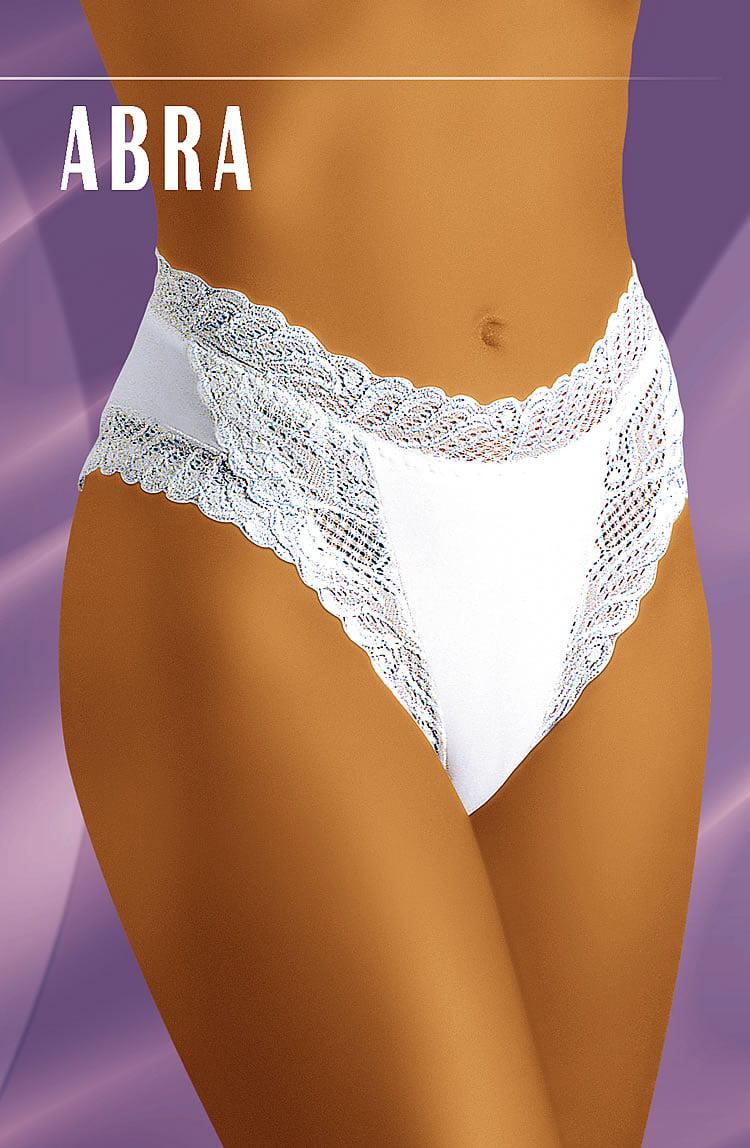 A torso features the Wolbar Abra White Briefs by Wolbar, adorned with intricate lace detailing on the waistband and sides. Set against a purple background, "ABRA" is prominently displayed in white text at the top left corner, emphasizing the comfortable fit of these high-waisted lace panties.