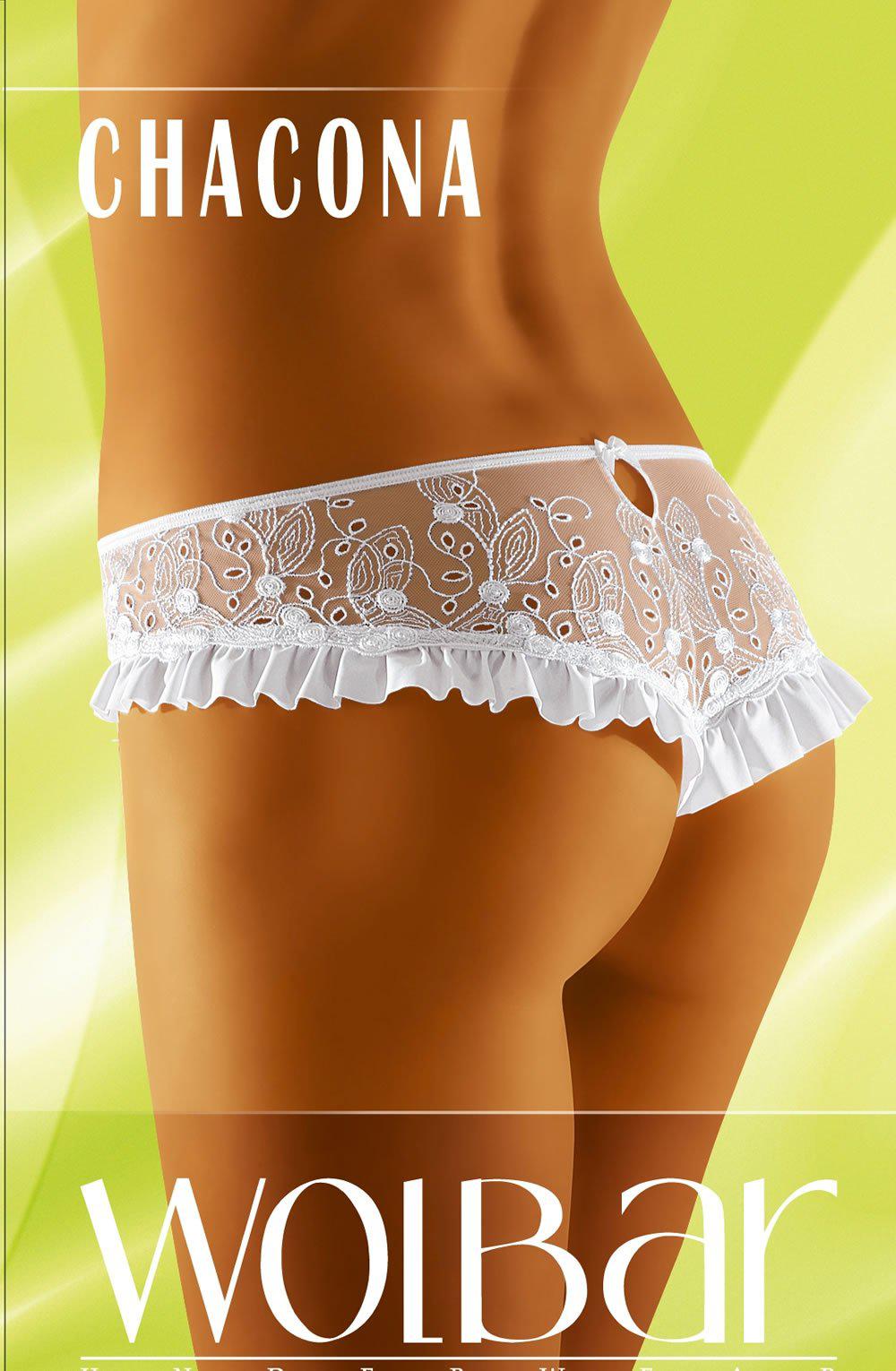 A model is shown from behind wearing delicate lace lingerie featuring a small keyhole detail on the back and a ruffled hem. The background showcases a green, gradient-like design with the text "CHACONA" at the top and "WOLBAR" at the bottom, highlighting the Wolbar Chacona White Brief from our latest lingerie collection.