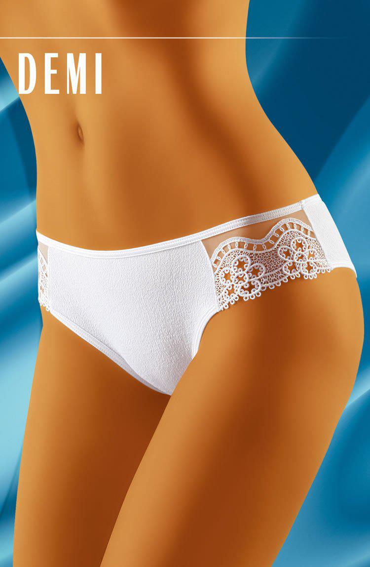 A close-up image showcases a person wearing the Wolbar Demi White Brief panties, adorned with intricate floral embroidery detailing on the sides. The background features a gradient blue pattern, and the word "DEMI" is displayed in the top left corner.