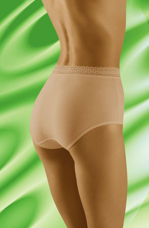 A person wearing high-waisted, Wolbar Eco-Go Beige Brief stands with their left side facing forward, showcasing the fit. The background is a vibrant, swirling mix of green and white hues, creating a dynamic and eye-catching setting. Delicate lace trim adds elegance to the high-quality cotton fabric.