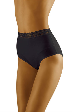 A person wearing Wolbar Eco-Go Black Brief high-waisted underwear with a delicate lace trim waistband. The form-fitting, seamless design features high-quality cotton for a smooth, sleek look. The person's torso and upper legs are visible, showcasing the fit and style of the chic underwear from Wolbar.