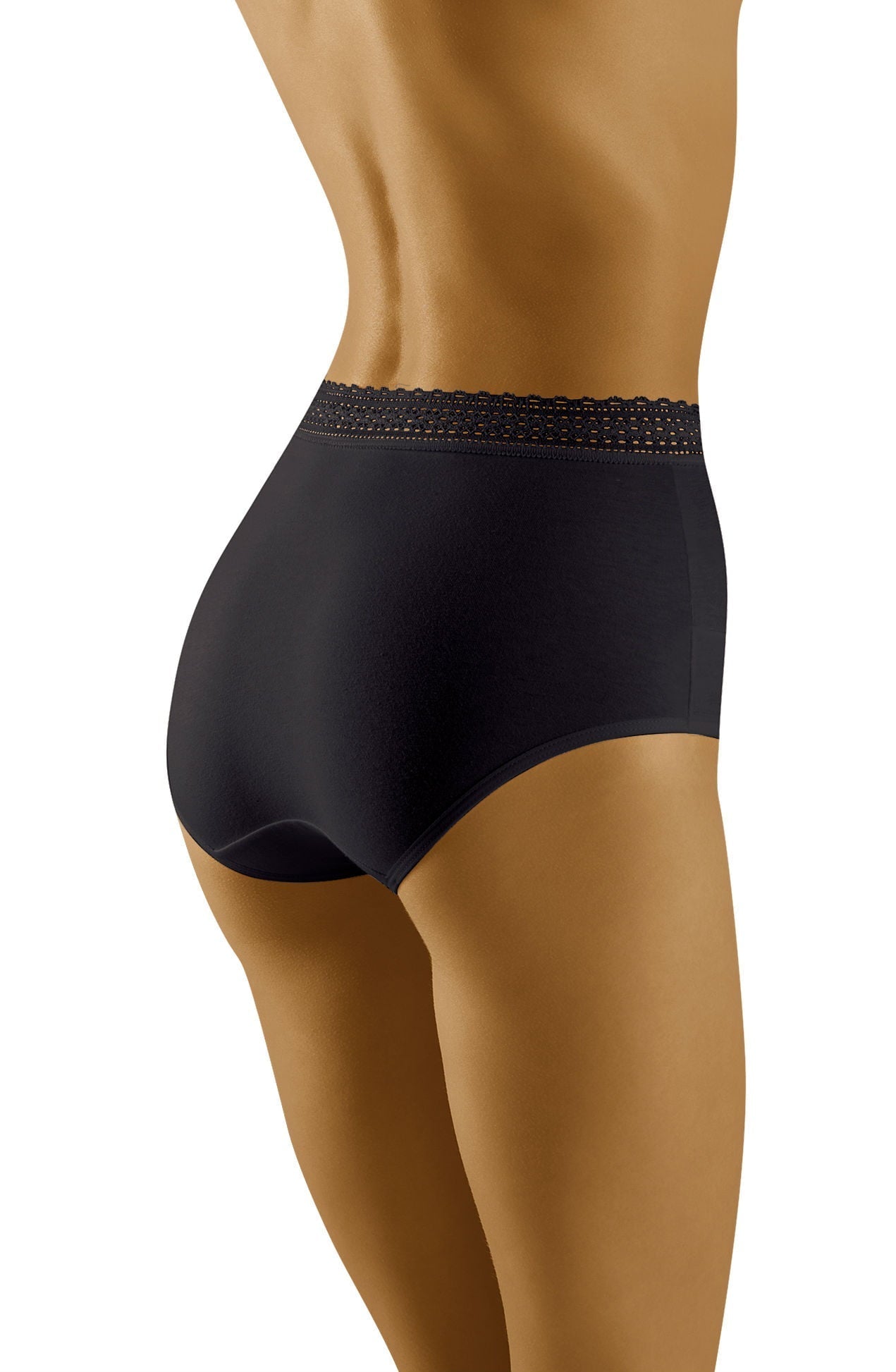 The image showcases a person from the mid-back to the upper thighs wearing Wolbar Eco-Go Black Brief high-waisted underwear. This high-quality cotton undergarment from Wolbar features a delicate lace trim waistband and appears to be both smooth and fitted.