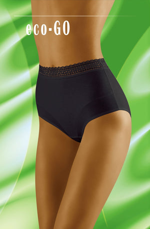 A torso wearing Wolbar Eco-Go Black Brief high-waisted underwear with a delicate lace trim is set against a green background with swirling white accents. The text "Wolbar eco-GO" is displayed at the top.