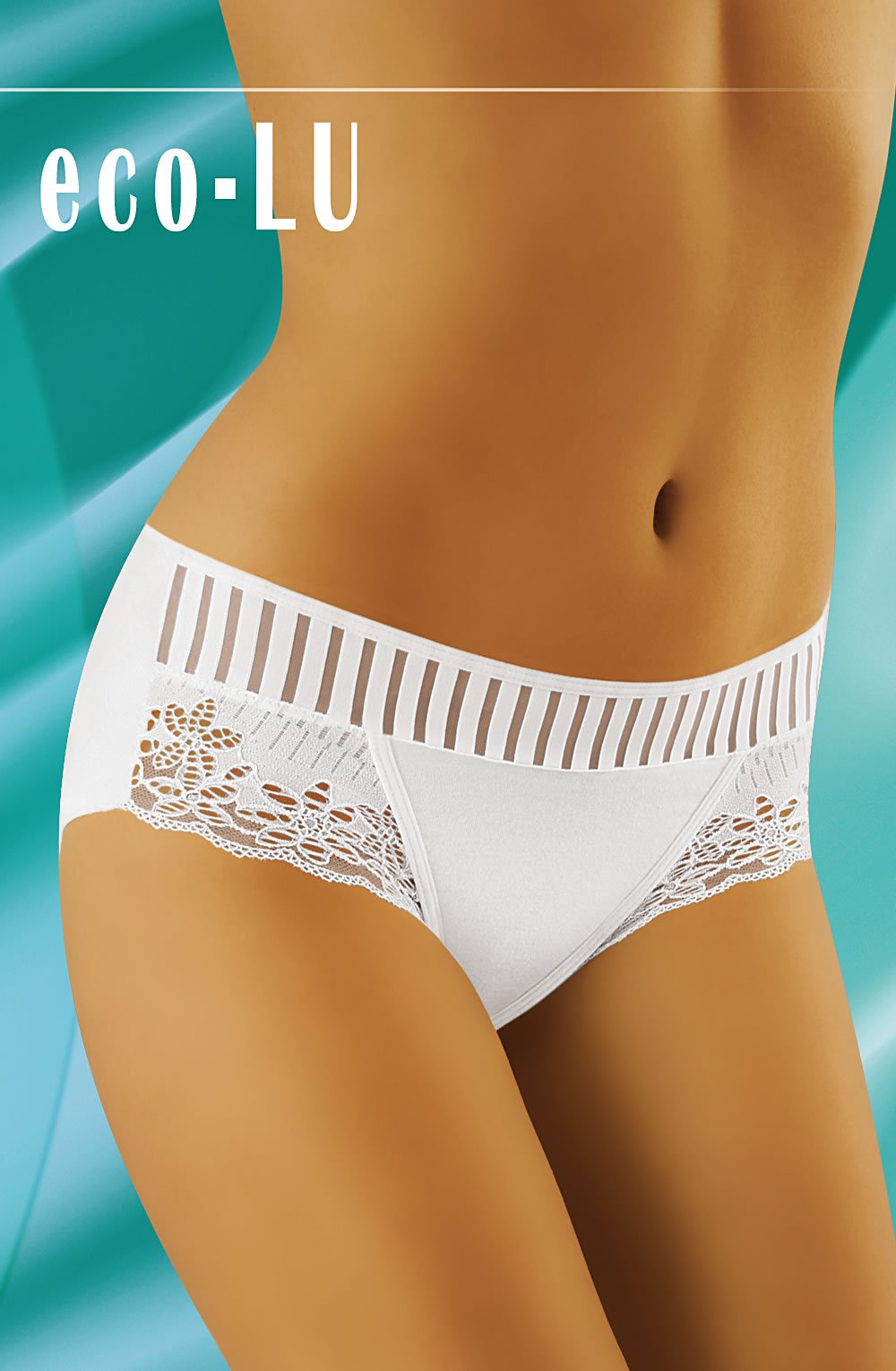 Image showcasing a close-up of a person wearing black lace and mesh-detailed Wolbar Eco-Lu Brief against a turquoise background. The word "Wolbar" appears in the upper left corner in white text, emphasizing their commitment to sustainable lingerie.