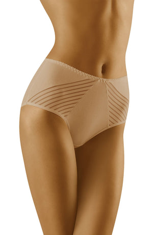 A person wearing Wolbar Eco-Ma Beige Briefs, high-waisted and seamless with an eco-friendly geometric pattern, stands against a plain white background. The focus is on the lower torso and upper thighs, highlighting the comfortable fit and design of these women's briefs from Wolbar.