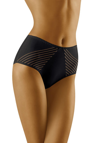 A person with a tan skin tone is shown from mid-torso to upper thighs wearing high-waisted black women's underwear, specifically the Wolbar Eco-Ma Black Brief, which features sheer striped panel detailing on the sides. The background is plain white.