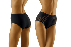 Two individuals are modeling the Wolbar Eco-Ma Black Brief, high-waisted women's underwear. The stylish cotton brief from Wolbar features sheer, striped paneling on the sides for added detail. The photo showcases both front and back views against a plain white background.