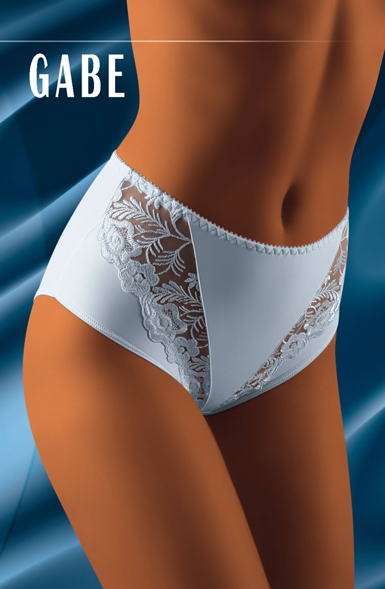 A close-up of a person wearing the Wolbar Gabe Black Brief against a dark blue fabric background. This lace-trimmed underwear, with its delicate floral pattern on the sides, offers both elegance and comfort. The word "GABE" is displayed in white at the top left corner of the image.