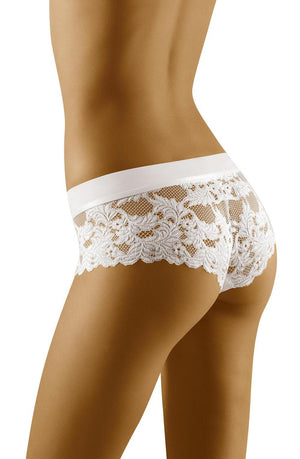 Person wearing Wolbar Jade White Brief Shorts, viewed from the back, standing against a white background. The underwear features intricate floral lace patterns and a smooth waistband, perfect as a delicate gift wrapped in a Wolbar box by the renowned brand, Wolbar.